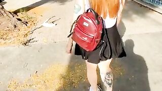 Girl does pee in her sexy shorts at public street