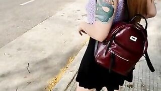 Girl does pee in her sexy shorts at public street