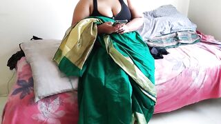 Telugu aunty in green saree with Huge Boobs on bed and fucks neighbor while watching porn on mobile - Huge cumshot