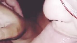 My nerdy curvy girl stepmom gives me a blowjob and I cum on her glasses. Close up