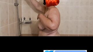 Ugly fat granny with mask takes a shower. Her saggy titts are amazing.