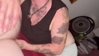 Tattooed trans man eats and fucks lesbian