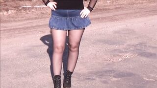 Jeans skirt and black pantyhose-Sexy walk big ass 2