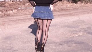 Jeans skirt and black pantyhose-Sexy walk big ass 2