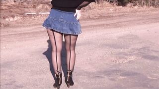 Jeans skirt and black pantyhose-Sexy walk big ass 2