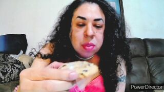 Tgirl Zoey cums on cookie eats it then cums again. (Sample vid)