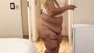 Grandmother of big fat and fallen fats, wears a sexy bra is very horny and wants a cock to fuck