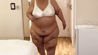 Grandmother of big fat and fallen fats, wears a sexy bra is very horny and wants a cock to fuck