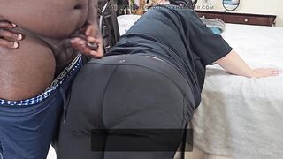 Sexy Big Ass Curvy Blonde MILF In Yoga Pants Twerking & Teasing Black Guy To Jerk Off & Cum On Ass