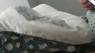 Step mom under blanket slips her hand into step son dick making him moan and cum