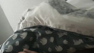 Step mom under blanket slips her hand into step son dick making him moan and cum