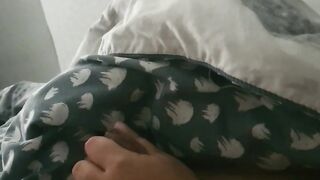 Step mom under blanket slips her hand into step son dick making him moan and cum