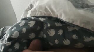 Step mom under blanket slips her hand into step son dick making him moan and cum