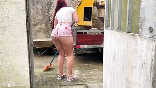 Very hot maid cleaning the construction site