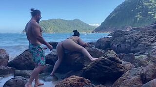 Hot wife with big ass having sex on the beach in a thong