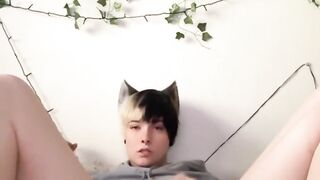 Cat/femboy plays with their cock (big cumshot)