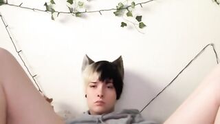 Cat/femboy plays with their cock (big cumshot)