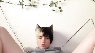 Cat/femboy plays with their cock (big cumshot)