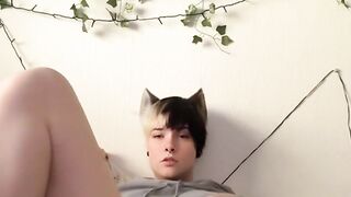 Cat/femboy plays with their cock (big cumshot)