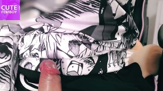 Horny femboy dressed in a miniskirt jerks off her big cock for you