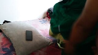 Telugu aunty in green saree with Huge Boobs on bed and fucks neighbor while watching porn on mobile