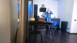 Latex Rubber Fetish Curvy MILF Woman in Blue Texturized Catsuit. Backstage from the Photoshoot.