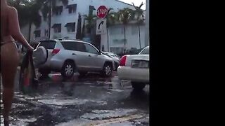 PAWG in Bikini Walking in Rain