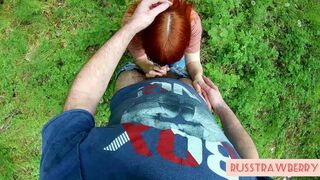 Red-haired MILF Sucks and Masturbates Dick Guy in the Forest