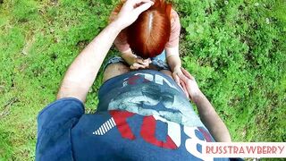 Red-haired MILF Sucks and Masturbates Dick Guy in the Forest