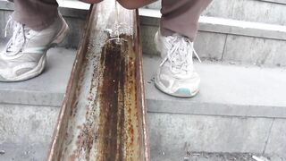 Mature Milfs Pissing on the Stairs of Public Transition