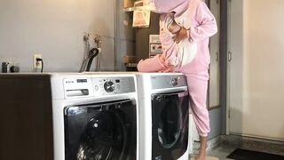 Bunny Onesie Humps Dryer while doing Laundry