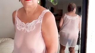 Mature bbw woman with hairy pussy wearing  sheer nightgown