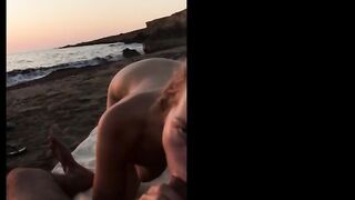 Public Sex on the Beach - he couldn't last long while she is riding him! Amelie Lei, blonde, Cowgirl, Blowjob, Cumshot, Outdoor