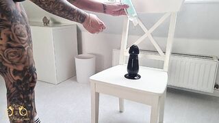 CrazyFetishCouple - Black Giant Dildo on Chair