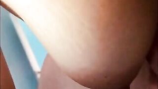 Slut gets her tits covered with a huge load of cum