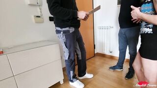 The Delivery Man Fucks Me While Husband Watches.  Cuckold Fantasy Scene FMM