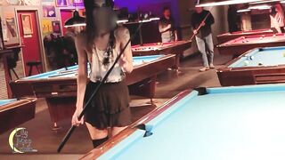 Tiny skirt and no panties were big hits at the pool hall!