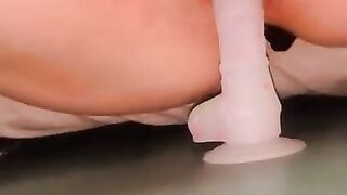 Hairy pussy squirts while fucking dildo with windows open