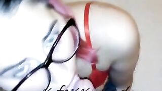 Beautiful Green eyed nerdy Schoolgirl sucks teacher's cock while her mom is in the kitchen. POV