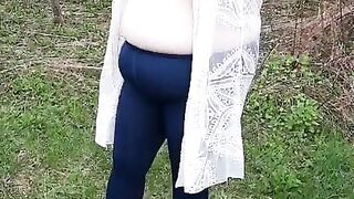 BBW bouncing fat tits in the woods