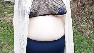 BBW bouncing fat tits in the woods