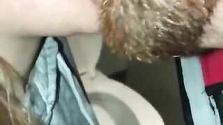 POV Blowjob CIM Cum Swapping Couple Cum Kiss In A Public Washroom At The Mall After She Goes Pee