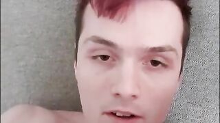 Twink Purple Hair Cums On His Face - Messy Self Facial huge load!