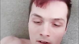 Twink Purple Hair Cums On His Face - Messy Self Facial huge load!