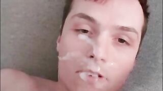 Twink Purple Hair Cums On His Face - Messy Self Facial huge load!