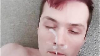 Twink Purple Hair Cums On His Face - Messy Self Facial huge load!