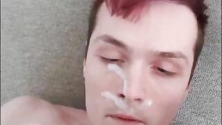 Twink Purple Hair Cums On His Face - Messy Self Facial huge load!