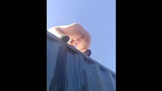 Cute Blonde PISSING off the top of SHIPPING CONTAINER