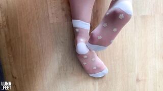 Showing my feet in new Sexy White Nylon Socks - amateur foot fetish