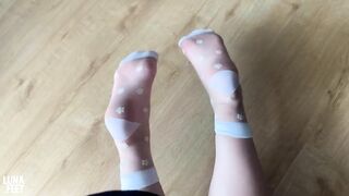 Showing my feet in new Sexy White Nylon Socks - amateur foot fetish